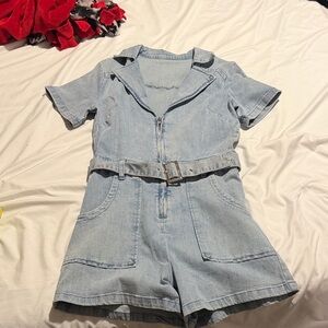 Light Blue Denim Romper with Belt